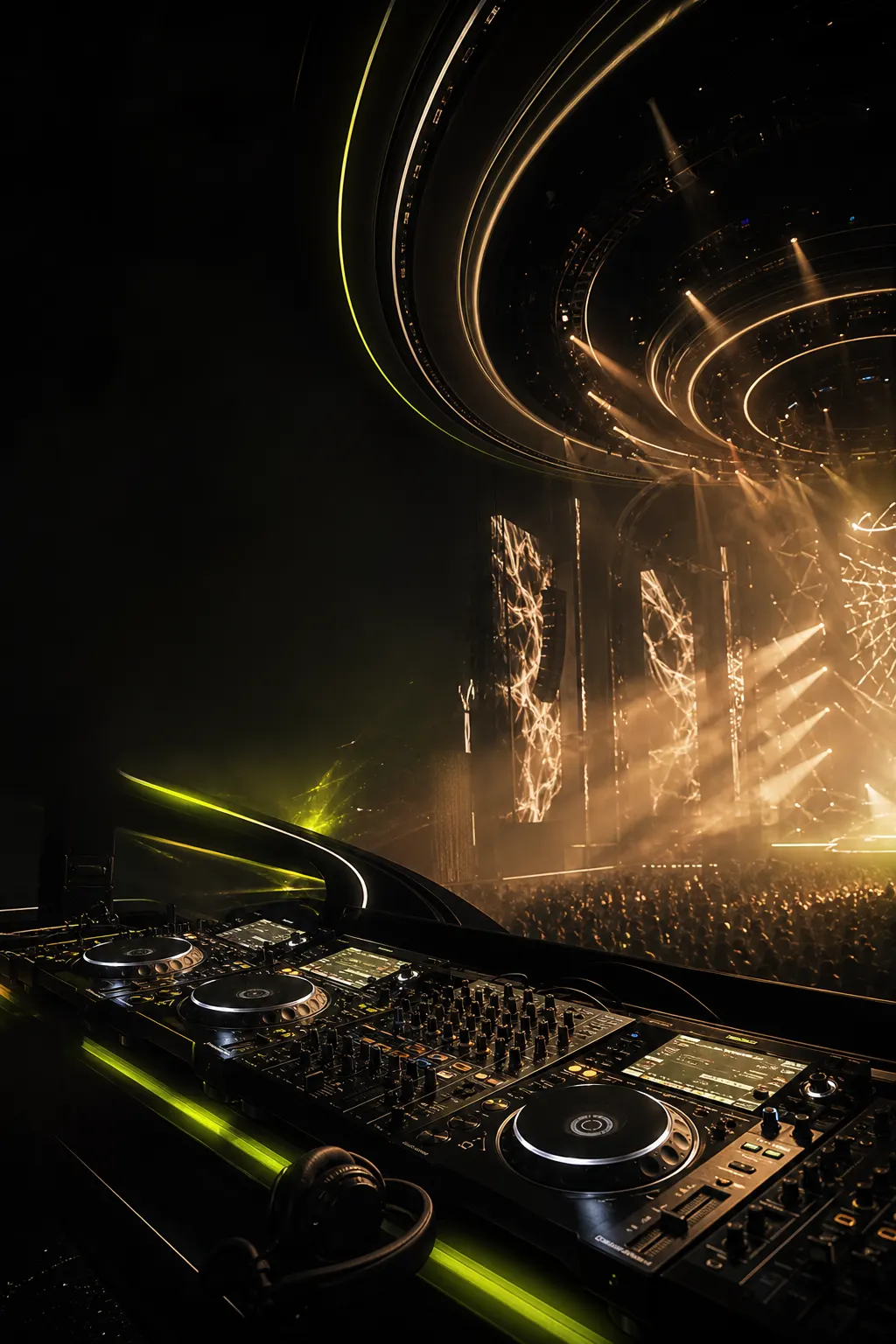AI-generated ADJ DJ booth and electronic music stage atmosphere